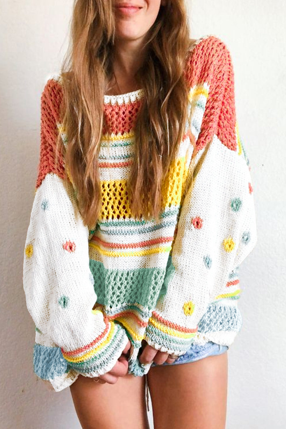 Multicolor Hollow Striped Knit Contrast Sleeve Sweater | Tops/Sweaters & Cardigans