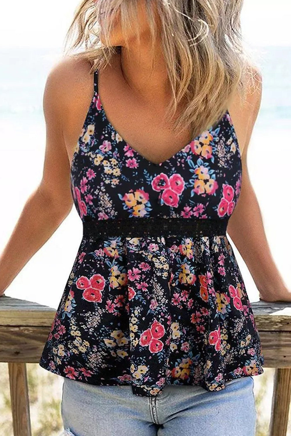 Black Lace Contrast Floral Peplum Tank Top | Tops/Tank Tops