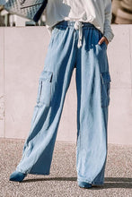 Load image into Gallery viewer, Sky Blue Drawstring High Waist Cargo Pocket Wide Leg Jeans | Bottoms/Jeans
