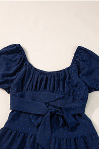 Puff Sleeve Dress | Navy Blue Swiss Dot Crossover Tiered Dress