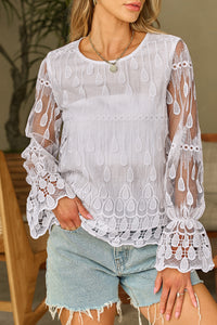 Mesh Blouse | Beige Embroidered Flounce Sleeve Top