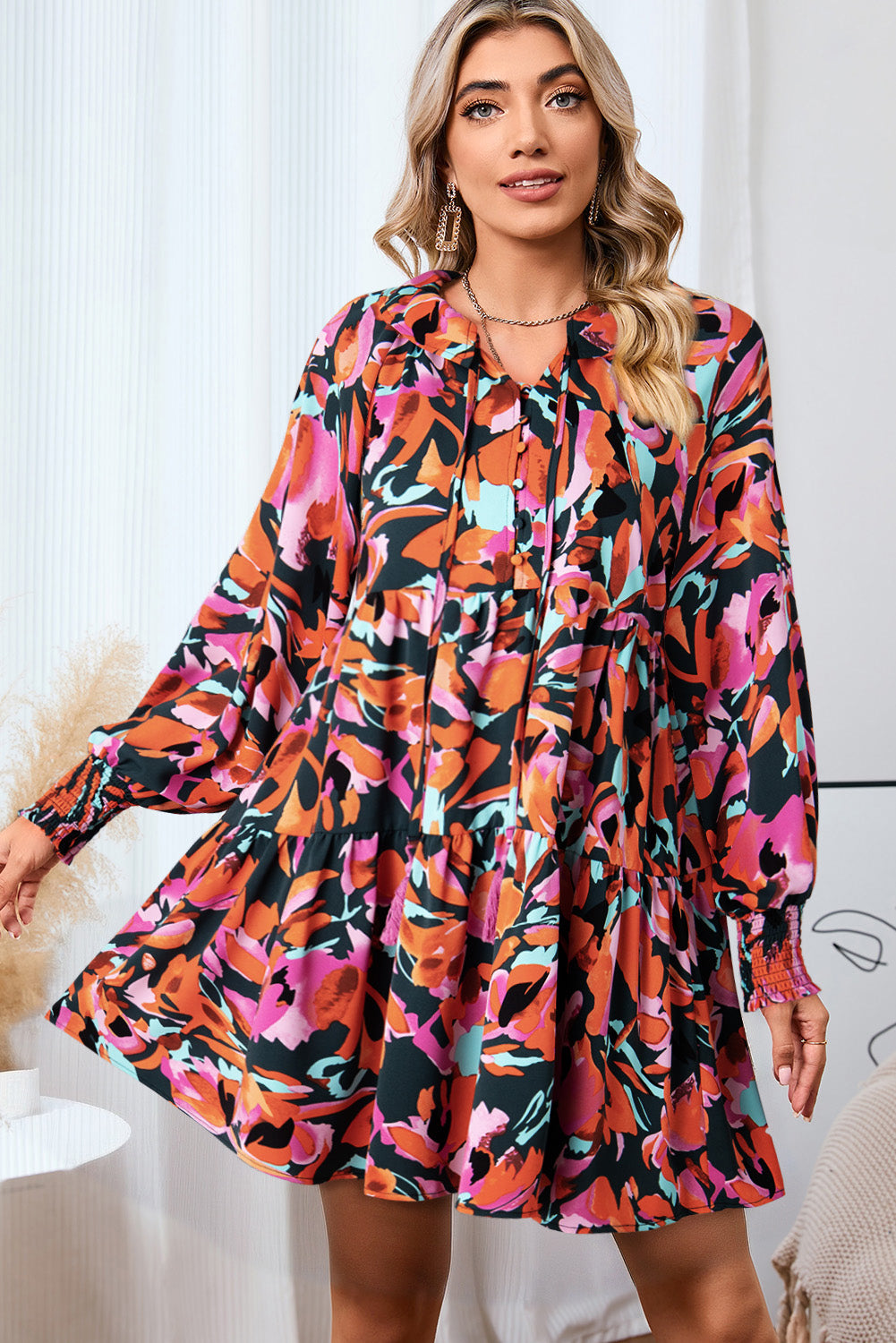 Mini Dress | Printed Tie Neck Lantern Sleeve