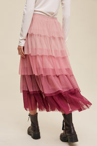 Maxi Skirt | Pink Gradient Ruffle Tiered Mesh