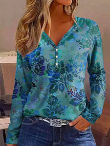 Turquoise Floral V-Neck Long Sleeve Blouse