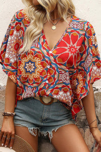 Bat Wing Blouse | Red Floral V Neck Blouse