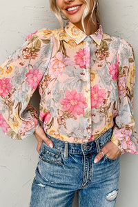 Pink All Floral Puff Sleeve Collared Shirt | Tops/Blouses & Shirts