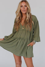 Load image into Gallery viewer, Green V Neck Puff Sleeve Frill Tiered Mini Dress | Dresses/Mini Dresses
