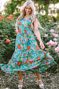 Green Floral Print Sleeveless Ruffle Tiered Maxi Dress | Dresses/Floral Dresses