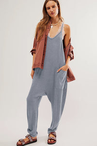 Gray Jumpsuit | Gray Waffle Knit Spaghetti Straps Loose Fit