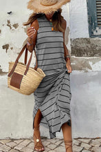 Load image into Gallery viewer, Gray Stripe Print Open Back Sleeveless Maxi Dress with Slits
