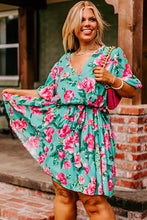 Load image into Gallery viewer, Green Floral Bubble Sleeve Surplice Ruffled Plus Size Dress | Plus Size/Plus Size Dresses/Plus Size Mini Dresses
