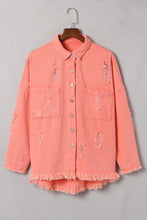 Load image into Gallery viewer, Orange Distressed Fringe Trim Denim Jacket | Outerwear/Denim jackets
