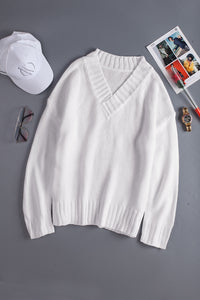 White V neck Drop Shoulder Sweater