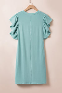 Mini Dress | Blue Textured Ruffled Flutter Sleeve Dress