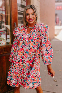 Multicolour Ruffle Split Neck Floral Long Sleeve Dress | Dresses/Floral Dresses