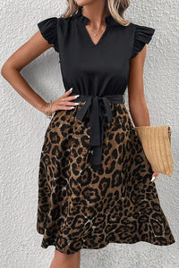 Leopard Print Dress | Black Flutter Sleeve Bodice Splicing