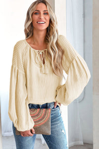 Drawstring Blouse | Apricot Lantern Sleeve Stripe Tassel