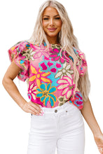 Load image into Gallery viewer, Multicolor Vibrant Floral Print Trimmed Ruffle Sleeve Blouse | Tops/Blouses &amp; Shirts
