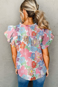 Pink Floral Ruffled Flutter Sleeve Pleated Blouse | Tops/Blouses & Shirts