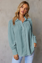 Load image into Gallery viewer, Sky Blue Solid Color Button Up Puff Sleeve Blouse | Tops/Blouses &amp; Shirts
