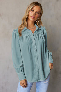 Sky Blue Solid Color Button Up Puff Sleeve Blouse | Tops/Blouses & Shirts