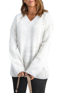 White V neck Drop Shoulder Sweater