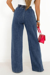 Wide Leg Jeans | Dark Blue Drawstring Elastic Waist