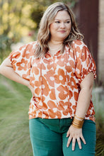 Load image into Gallery viewer, Orange Plus Size Floral Print Drawstring V Neck Short Sleeve Blouse | Plus Size/Plus Size Tops/Plus Size Blouses &amp; Shirts
