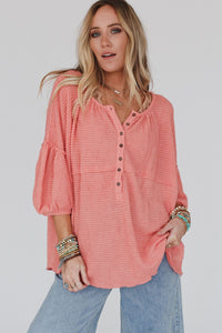 Pink Waffled Bracelet Sleeve Oversized Henley Top | Tops/Blouses & Shirts