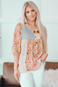 Multicolor V Neck Mixed Floral Babydoll Top | Tops/Tops & Tees