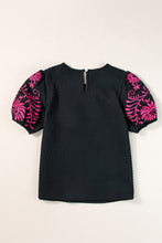 Load image into Gallery viewer, Puff Sleeve Top | Black Floral Embroidered Textured
