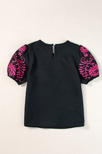 Puff Sleeve Top | Black Floral Embroidered Textured