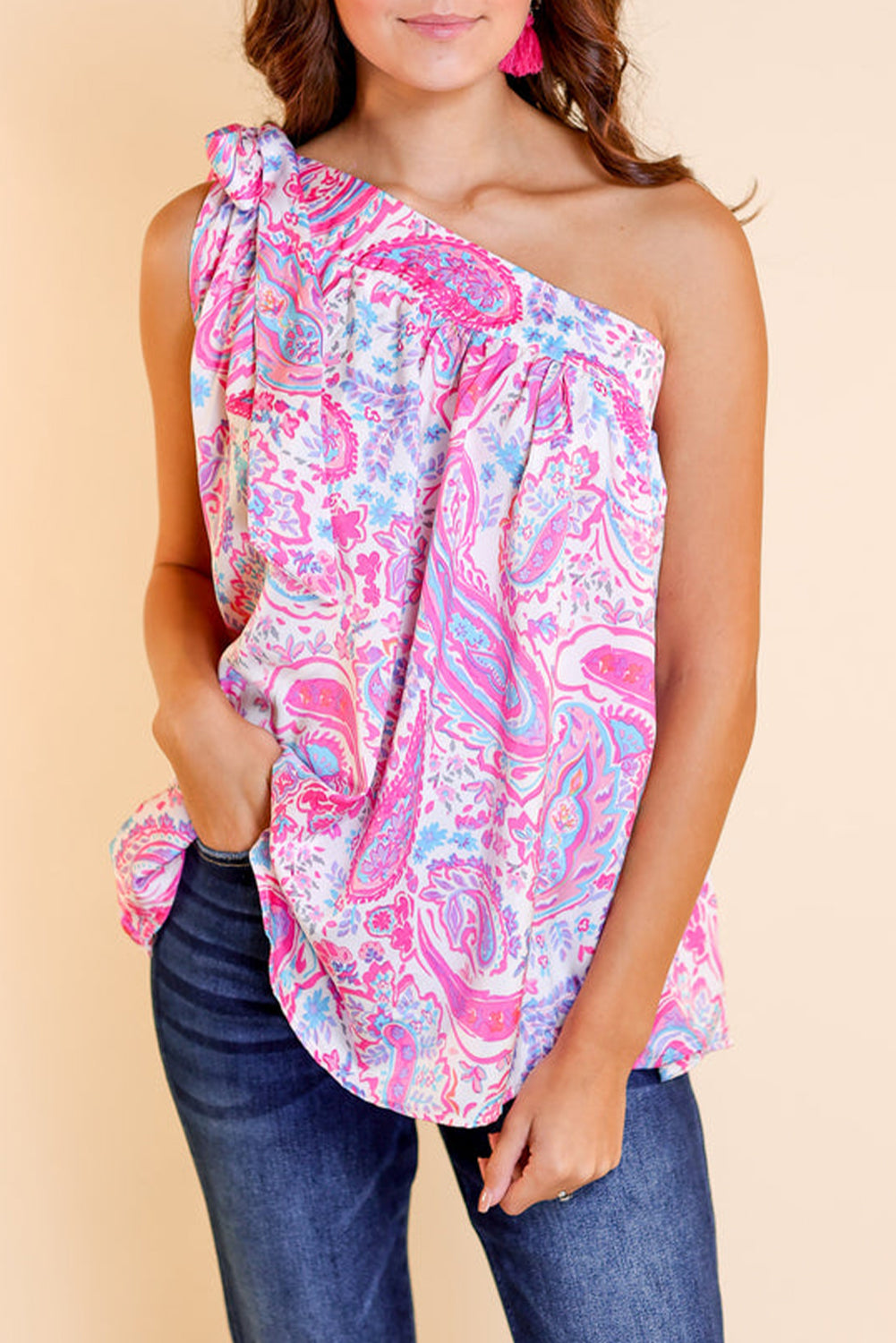 One Shoulder Tank Top | Multi-Color Knotted One Shoulder Paisley Print