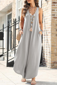 Womens Jumpsuit-Pocketed Scoop Neck Wide Leg Jumpsuit