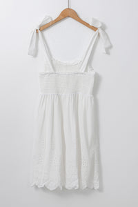 Mini Dress | White Adjustable Tie Straps Smocked Dress