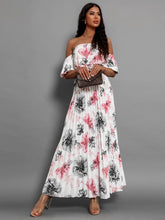 Load image into Gallery viewer, Off Shoulder Midi Dress | Pleated Floral Short Sleeve Dress
