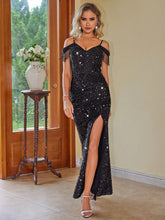 Load image into Gallery viewer, Sexy Formal Dress | Black Fringe Slit Spaghetti Strap Dress
