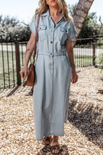 Load image into Gallery viewer, Denim Dress | Beau Blue Short Bat Wing Sleeve Slit Back Dress
