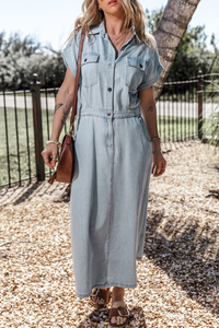 Denim Dress | Beau Blue Short Bat Wing Sleeve Slit Back Dress