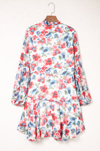 Sky Blue Vintage Floral Print Drawstring Flowy Dress | Dresses/Mini Dresses