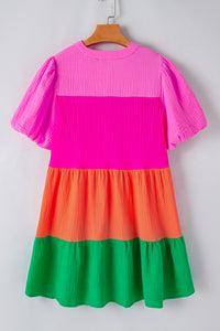 Multicolor Color Block Tiered Puff Sleeve Dress | Dresses/Mini Dresses