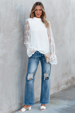 Load image into Gallery viewer, White Lace Sleeve Top | Contrast Lace Mock Neck Blouse
