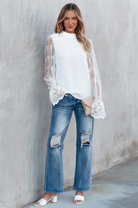 White Lace Sleeve Top | Contrast Lace Mock Neck Blouse