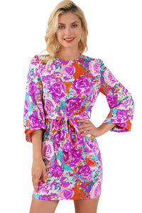 Mini Dress | Purple Floral Keyhole Back Long Sleeve Belted