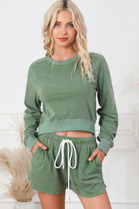 Shorts Set | Green Fleece Two-piece Cropped Pullover Shorts