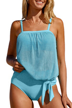 Load image into Gallery viewer, Turquoise Striped Mesh Knotted Hem Tankini Swimsuit | Swimwear/Tankinis
