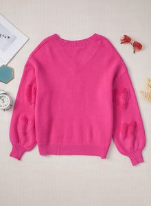 Rose Red Fuzzy Hearts V Neck Sweater