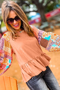 Orange Boho Paisley Mix Print Raglan Sleeve Ruffled Blouse | Tops/Blouses & Shirts