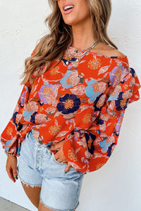 Puff Sleeve Blouse | Fiery Red Floral Print Ruffle