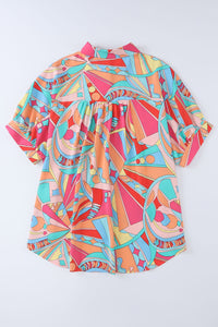 Multicolor Abstract Geometry Print Half Puff Sleeve Loose Shirt | Tops/Blouses & Shirts